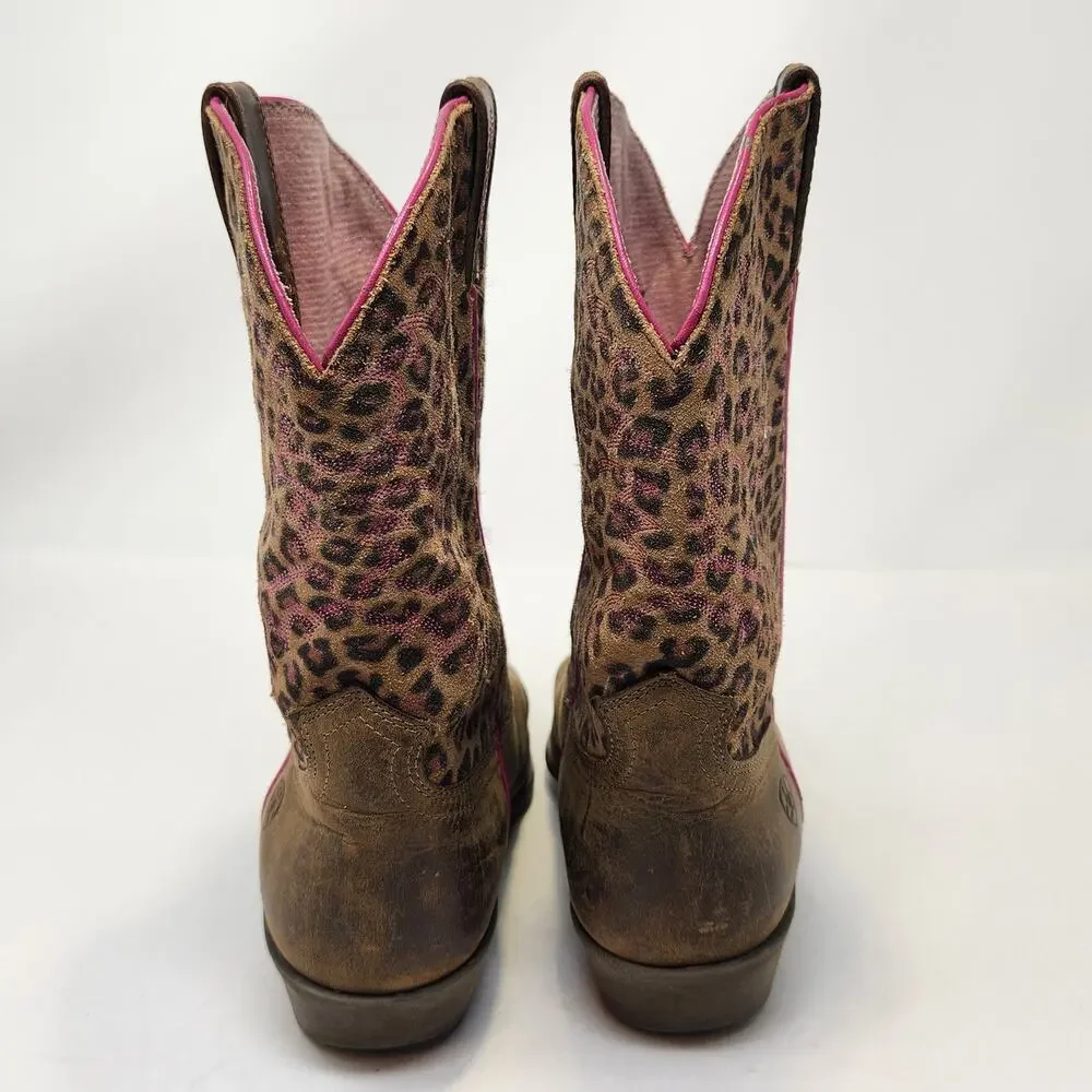 Ariat Legend Cheetah Pink Brown Distressed Leather Western Boots Girls Size 5.5